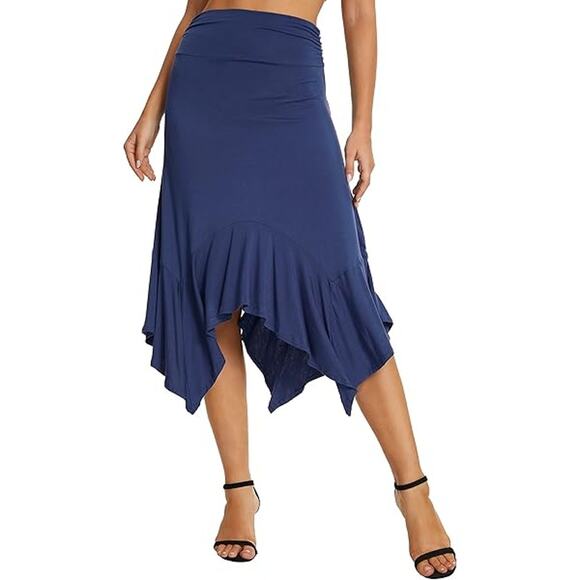 New Women's Navy Skirt 100% Polyester High Low Side Rushed Waist - Picture 1 of 5